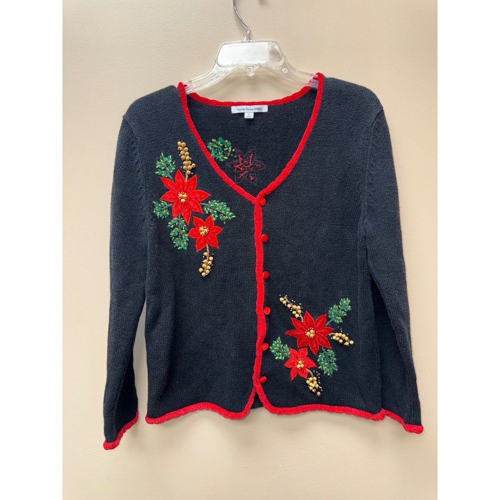 Mercer Street Studio Womens Black Poinsettia Christmas Cardigan Sweater Medium